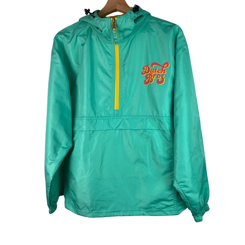 Dutch‎ Bros M Green Yellow Orange 1/4 Zip Pullover Hooded Windbreaker Jacket *
